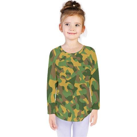 Yellow Green Brown Camouflage Kids  Long Sleeve Tee by SpinnyChairDesigns