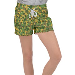 Yellow Green Brown Camouflage Velour Lounge Shorts by SpinnyChairDesigns