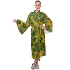 Yellow Green Brown Camouflage Maxi Velour Kimono by SpinnyChairDesigns