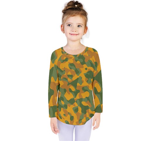 Green And Orange Camouflage Pattern Kids  Long Sleeve Tee by SpinnyChairDesigns