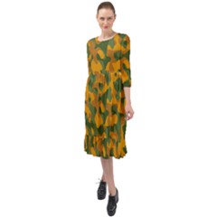 Green And Orange Camouflage Pattern Ruffle End Midi Chiffon Dress by SpinnyChairDesigns