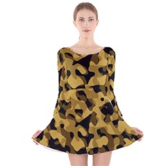 Black Yellow Brown Camouflage Pattern Long Sleeve Velvet Skater Dress by SpinnyChairDesigns