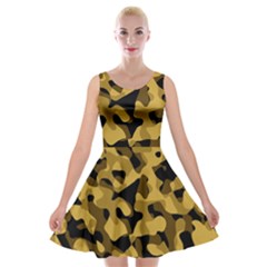 Black Yellow Brown Camouflage Pattern Velvet Skater Dress by SpinnyChairDesigns