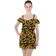 Black Yellow Brown Camouflage Pattern Ruffle Cut Out Chiffon Playsuit by SpinnyChairDesigns