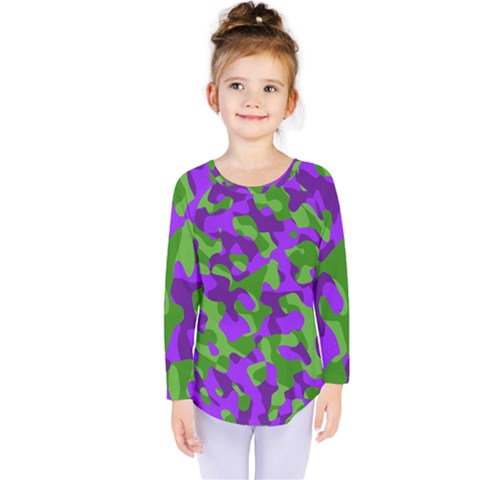 Purple And Green Camouflage Kids  Long Sleeve Tee by SpinnyChairDesigns