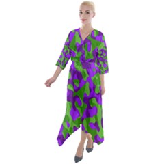 Purple And Green Camouflage Quarter Sleeve Wrap Front Maxi Dress by SpinnyChairDesigns