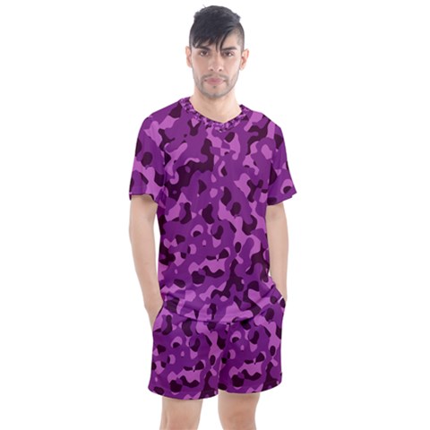 Dark Purple Camouflage Pattern Men s Mesh Tee And Shorts Set by SpinnyChairDesigns