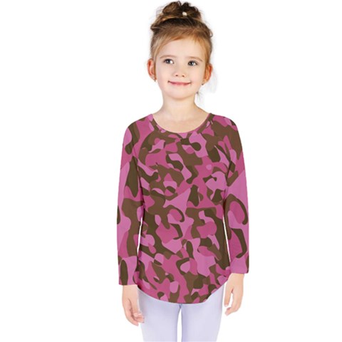 Pink And Brown Camouflage Kids  Long Sleeve Tee by SpinnyChairDesigns