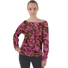 Pink And Brown Camouflage Off Shoulder Long Sleeve Velour Top by SpinnyChairDesigns