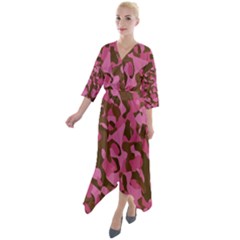 Pink And Brown Camouflage Quarter Sleeve Wrap Front Maxi Dress by SpinnyChairDesigns