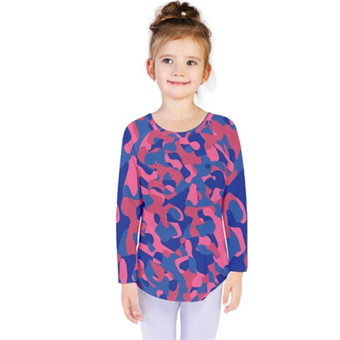 Blue And Pink Camouflage Pattern Kids  Long Sleeve Tee by SpinnyChairDesigns