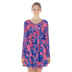 Blue And Pink Camouflage Pattern Long Sleeve Velvet V-neck Dress by SpinnyChairDesigns