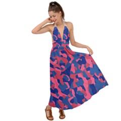 Blue And Pink Camouflage Pattern Backless Maxi Beach Dress by SpinnyChairDesigns