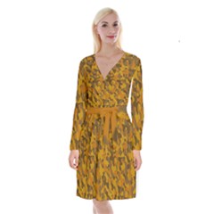 Brown And Orange Camouflage Long Sleeve Velvet Front Wrap Dress by SpinnyChairDesigns