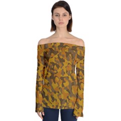 Brown And Orange Camouflage Off Shoulder Long Sleeve Top by SpinnyChairDesigns