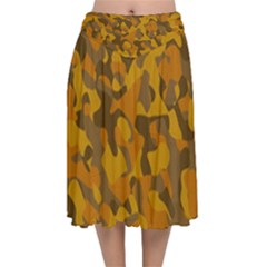 Brown And Orange Camouflage Velvet Flared Midi Skirt by SpinnyChairDesigns