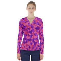 Pink And Purple Camouflage V-neck Long Sleeve Top by SpinnyChairDesigns