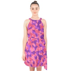 Pink And Purple Camouflage Halter Collar Waist Tie Chiffon Dress by SpinnyChairDesigns