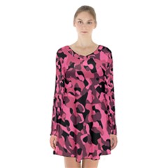 Black And Pink Camouflage Pattern Long Sleeve Velvet V-neck Dress by SpinnyChairDesigns