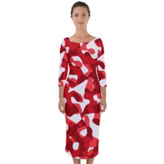 Red And White Camouflage Pattern Quarter Sleeve Midi Bodycon Dress by SpinnyChairDesigns