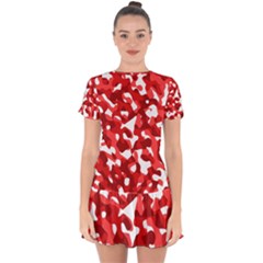 Red And White Camouflage Pattern Drop Hem Mini Chiffon Dress by SpinnyChairDesigns