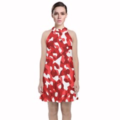 Red And White Camouflage Pattern Velvet Halter Neckline Dress  by SpinnyChairDesigns