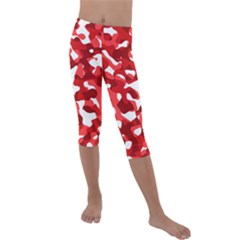 Red And White Camouflage Pattern Kids  Lightweight Velour Capri Leggings  by SpinnyChairDesigns