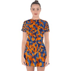 Blue And Orange Camouflage Pattern Drop Hem Mini Chiffon Dress by SpinnyChairDesigns