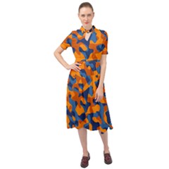 Blue And Orange Camouflage Pattern Keyhole Neckline Chiffon Dress by SpinnyChairDesigns