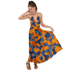 Blue And Orange Camouflage Pattern Backless Maxi Beach Dress by SpinnyChairDesigns