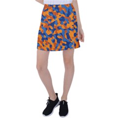 Blue And Orange Camouflage Pattern Tennis Skirt by SpinnyChairDesigns