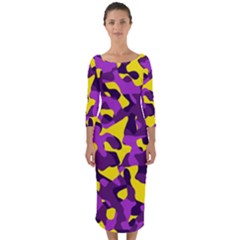 Purple And Yellow Camouflage Pattern Quarter Sleeve Midi Bodycon Dress by SpinnyChairDesigns