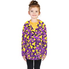 Purple And Yellow Camouflage Pattern Kids  Double Breasted Button Coat by SpinnyChairDesigns