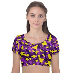 Purple And Yellow Camouflage Pattern Velvet Short Sleeve Crop Top  by SpinnyChairDesigns