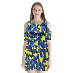 Blue And Yellow Camouflage Pattern Shoulder Cutout Velvet One Piece by SpinnyChairDesigns