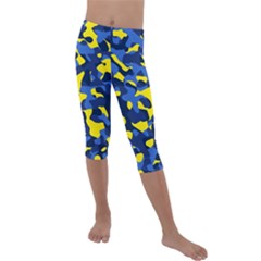 Blue And Yellow Camouflage Pattern Kids  Lightweight Velour Capri Leggings  by SpinnyChairDesigns