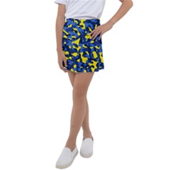 Blue And Yellow Camouflage Pattern Kids  Tennis Skirt by SpinnyChairDesigns