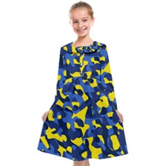 Blue And Yellow Camouflage Pattern Kids  Midi Sailor Dress by SpinnyChairDesigns