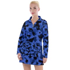 Black And Blue Camouflage Pattern Women s Long Sleeve Casual Dress by SpinnyChairDesigns