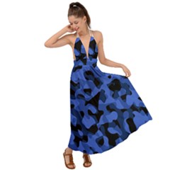 Black And Blue Camouflage Pattern Backless Maxi Beach Dress by SpinnyChairDesigns