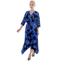 Black And Blue Camouflage Pattern Quarter Sleeve Wrap Front Maxi Dress by SpinnyChairDesigns