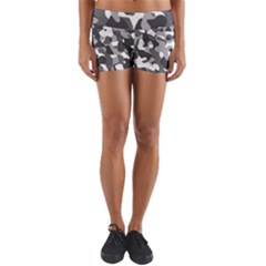 Grey And White Camouflage Pattern Yoga Shorts by SpinnyChairDesigns