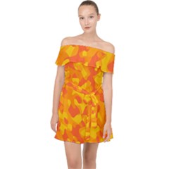 Orange And Yellow Camouflage Pattern Off Shoulder Chiffon Dress by SpinnyChairDesigns