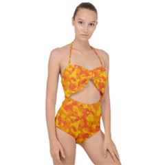 Orange And Yellow Camouflage Pattern Scallop Top Cut Out Swimsuit by SpinnyChairDesigns