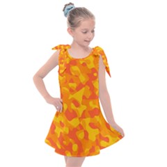 Orange And Yellow Camouflage Pattern Kids  Tie Up Tunic Dress by SpinnyChairDesigns