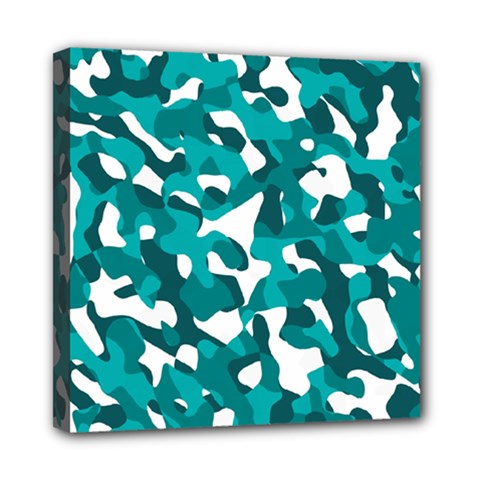 Teal And White Camouflage Pattern Mini Canvas 8  X 8  (stretched) by SpinnyChairDesigns