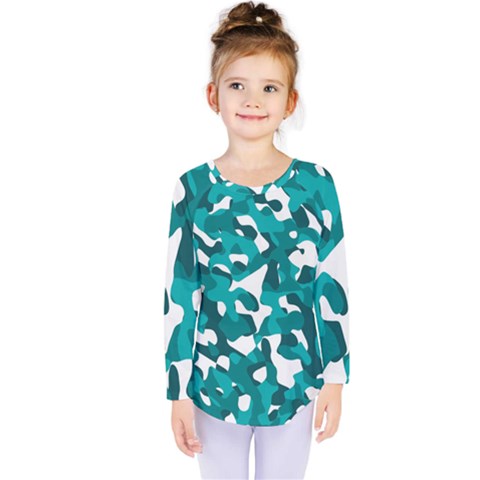 Teal And White Camouflage Pattern Kids  Long Sleeve Tee by SpinnyChairDesigns