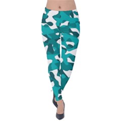 Teal And White Camouflage Pattern Velvet Leggings by SpinnyChairDesigns