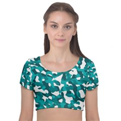 Teal And White Camouflage Pattern Velvet Short Sleeve Crop Top  by SpinnyChairDesigns