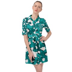 Teal And White Camouflage Pattern Belted Shirt Dress by SpinnyChairDesigns